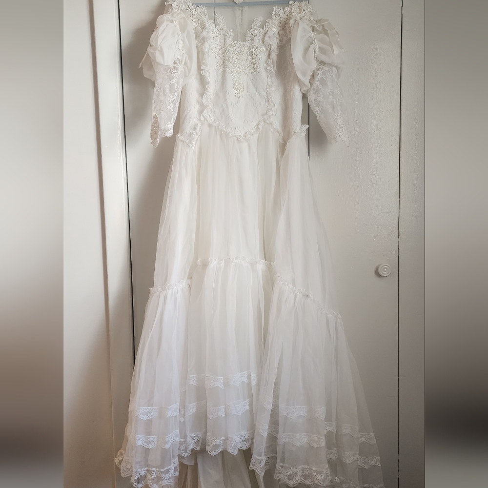 *RESERVED* Vintage Midsize Chiffon Long Sleeve Drop Waist Wedding Dress